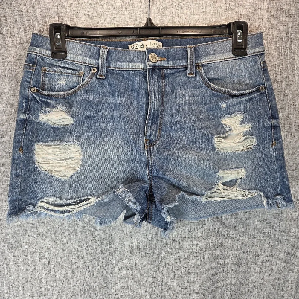 Mudd‎ High Rise Shortie Denim Shorts Size 15 FLX Stretch Distressed Blue